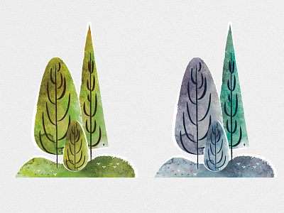 Trees flowers forest grass snow texture trees watercolor