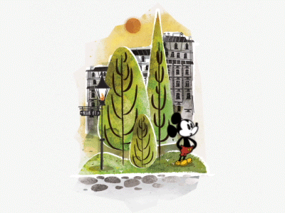 Give A Little Whistle (GIF) animation buildings gif illustration mickey motion practice scene trees watercolor
