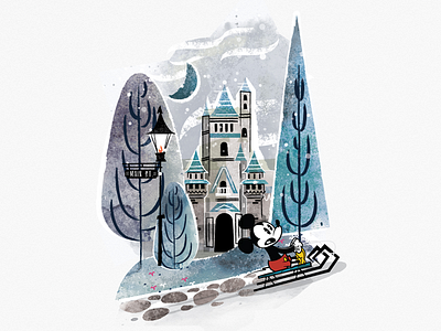 Sledding Up Hill castle disney illustration mickey moon mouse sled walt wdw winter