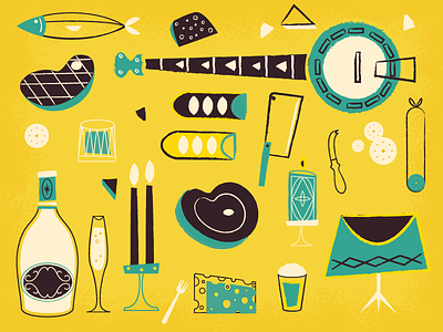 Assorted Goods banjo beer candles cheese meat fish food illustration music sausage steak
