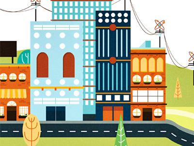 City Spot Illustration blue buildings city connection green homes nuclear orange power road trees