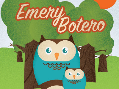 Emery Botero Baby Shower baby blue brown design green illustration invitation invite nature orange owl summer trees