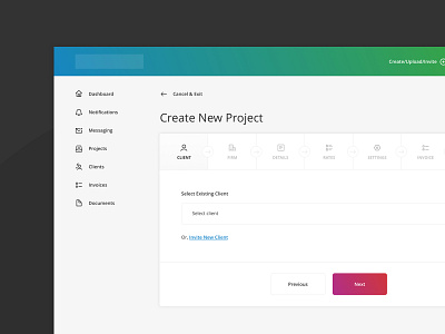 Create New Project Flow - Step 1 (Client) create icon platform project steps tabs ui user interface