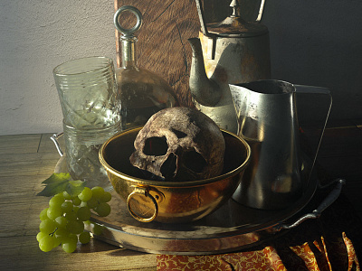 Still Life 3d design environment grapes kitchen old skull still life table