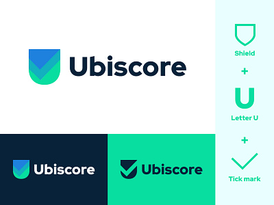 Ubiscore Concept logo adobe illustrator cc app blue brand branding check design flat green icon letter u logo logo concept minimal shield shield logo tick u logo vector web