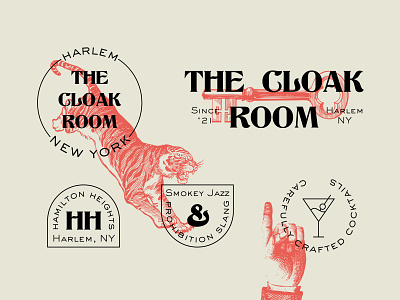 The Cloak Room Secondary logo, badges and stamps concepts
