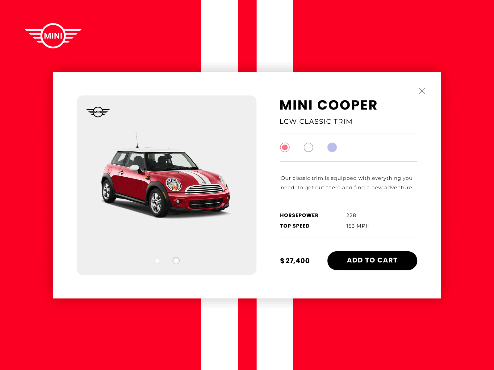 Product Card for mini cooper car design mini cooper product card product page ui ux visual