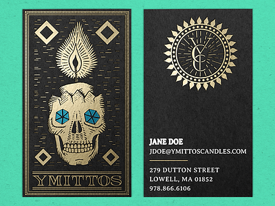 Ymittos Business Cards (…but prettier) 100 years black paper candle foil foil on black lowell ma movies pirates of the caribbean skull