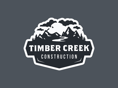 Timber Creek Construction badge branding clouds construction creek dog logo logo mark mountains outdoors trees