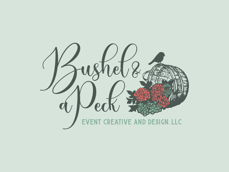 Bushel and a Peck Logo bird branding flowers identity illustration logo logo design logo mark logotype pen and ink script font typography wedding wedding planner