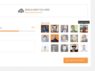 Create Doc button drag drop headshots orange sharing upload