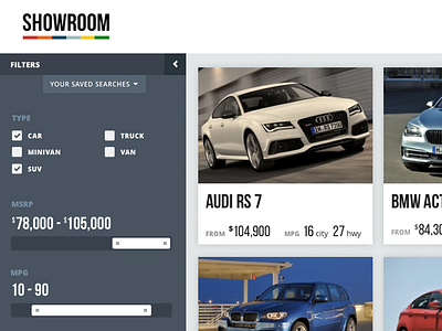 Showroom Filters cars checkboxes filters range slider showroom tiles ui