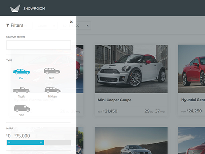 Showroom Filters cars drawer filters icons nav panel
