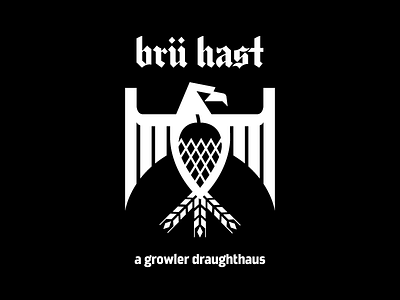 Brü Hast growler store logo beer black eagle growler hop logo white