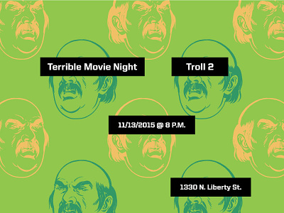 Terrible Movie Night - postcard dark green front illustration light green movie night postcard terrible troll 2 yellow