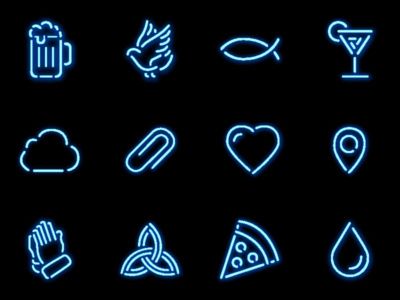 Neon icon set beer clip cloud dove drop fish hands heart icon martini neon pizza