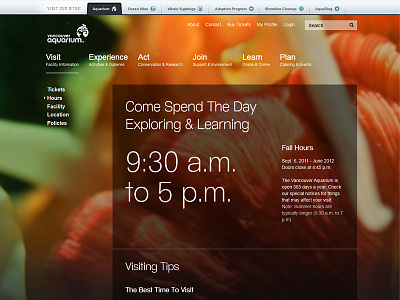 Vancouver Aquarium Hours emphasis navigation overlay simplicity smashlab typography vancouver aquarium web design website