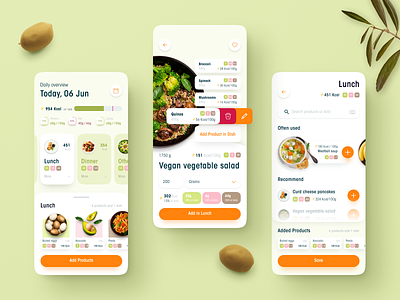 Calorie counting app app application calorie counting calories cooking delicious design digital eat figma food green orange slimming uiux ux vegan vegetables weight loss