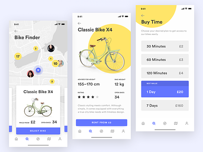 Bike Sharing App – Finding and Renting Your Bike bicycle bike data ios iphone x renting sharing transportation yellow 应用 自行车 黄色