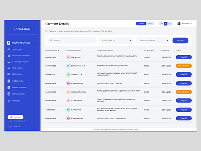 💳 Dashboard Concept - Payment details - Tangedco admin admin panel admin ui bill components dashboard dashboard design dashboard ui design flat design minimal order page pay payment table tablet tneb ui web layout