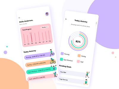 🏋🏻‍♂️Personal Activity App Concept activity app chart design cycling day wise exercise game goal golf graph gym ios app design line chart list minimal month pie chart running week year