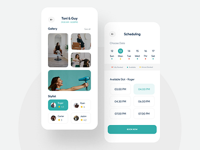 ✂️Beauty Salon App - Option-2 app beauty app branding clean date and time date picker design flat gallery view minimal mobile app page schedule screen shadow slot typography ui ux white