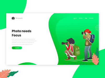 Photography Web Page Concept attract bag camera focus green illustrations landingpage nature photography photo photographer photography photos plan poster shot trip vibrant webpage white xd