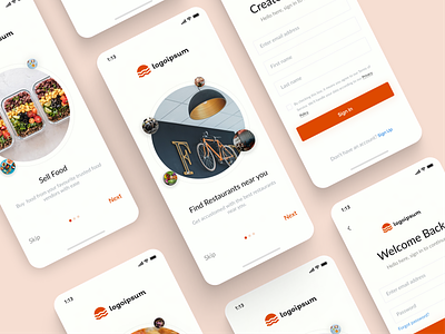 Onboarding and Sign Up screens concept app design figma food orange ui ux