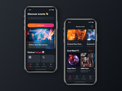 Tempo App. Events near you clean design events app ios app layout minimal mobile mobile app mobile app design mockup product product design startup typogaphy uidesign ux