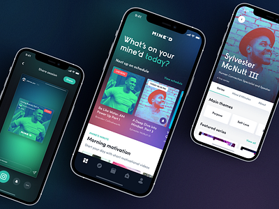 Mine'D. Mindful social application app big sur blur branding chat clubhouse community dark ui gradient illustration ios logo mobile onboarding purple streaming typography ui video