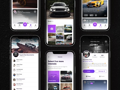Revvy App. Screens showcase app car clean concept design facebook fashion instagram ios15 mobile mobile app modern onboarding purple screens tesla toyota ui ux vector