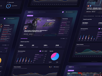 KANTERA Web app. Desktop pages 3d dark theme dark ui deep gaming gradient neon player purple streamers streams twitch ui ux video video player web design youtube