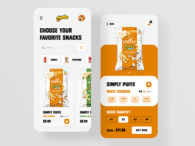 Cheetos Snacks Product App 🍿 app design baby food cheetos chips crackers food foodie lays mobile app mobile ui online shop potato product app product page products shopify snacks trendy design ui ux