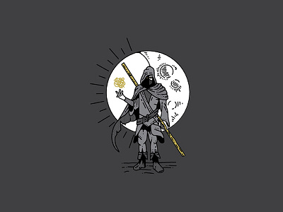 The Grey Priest character cloak fantasy illustration magic moon priest staff sun