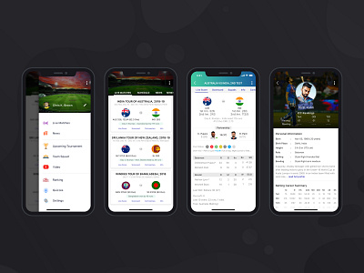 Cricket Score Card app application creative cricket design inspirational interaction design ios ios 11 iphone x iphone x app mobile app mobile app design profile design ux visual design