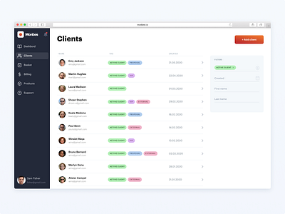 CRM Monbes — clients screen app clean crm design minimal system ui web