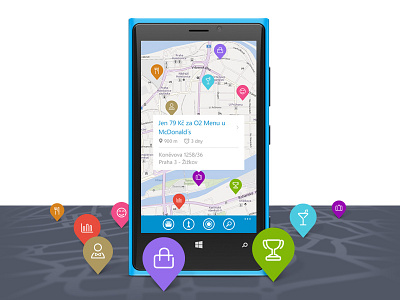 O2 Extra vyhody case study app city colors flat icons lumia map mobile pin shopping ui windows