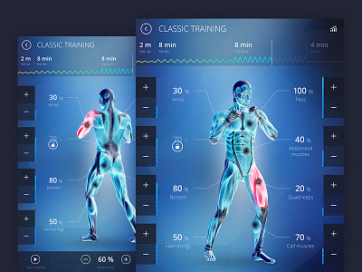 Fitness app concept app blue body dark ems fitness graph muscles settings tech ui workout