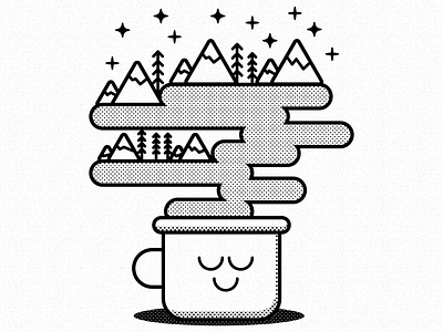 Camp Coffee black and white coffee fun halftones happy illustration lines minimal nature outdoors vector wilderness