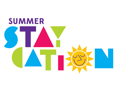 Staycation Logo blue color fun green pink purple summer sun type