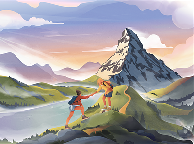 Swiss Ladscape hills illustraion illustrator landscape matterhorn mountains sunrise tourism valley vector