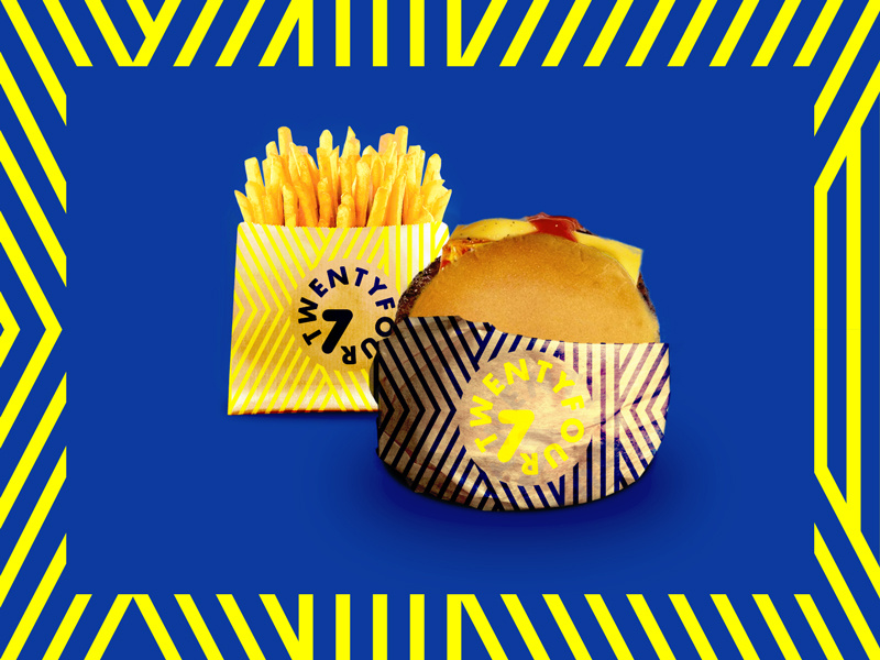 Burger concept identity stripes blue yellow seven twentyfour colorful colourful
