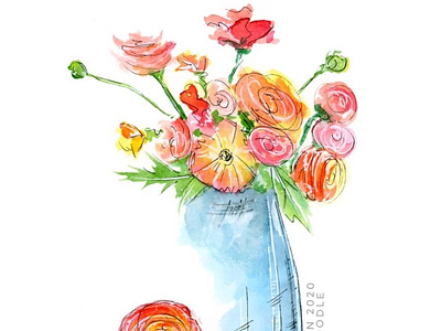 Flowers in Blue Vase Study - Original Watercolor Painting