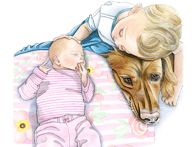 Kids and Puppy - Original Watercolor Illustration baby children dogs family hand drawn illustration painting pets portrait painting realism watercolor