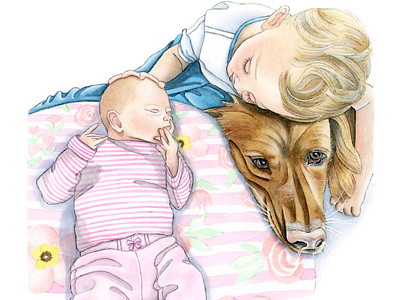 Kids and Puppy - Original Watercolor Illustration