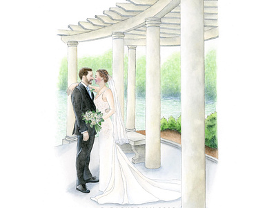 Wedding Day - Original Watercolor Painting architecture bride and groom hand drawn illustration nature painting portrait painting realism watercolor wedding