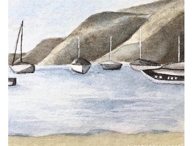Boats in the Harbor - Original Watercolor Painting beach boats hand drawn illustration landscape painting realism travel watercolor
