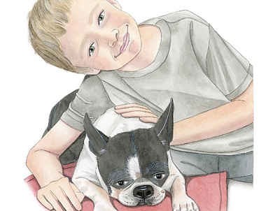 Boy with Puppy dogs hand drawn illustration painting pet portrait portrait painting realism watercolor