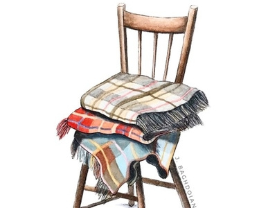 Cozy Blankets on Chair ink drawing painting home goods hygge watercolor illustration hand drawn