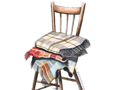 Cozy Blankets on Chair hand drawn home goods hygge illustration ink drawing painting watercolor